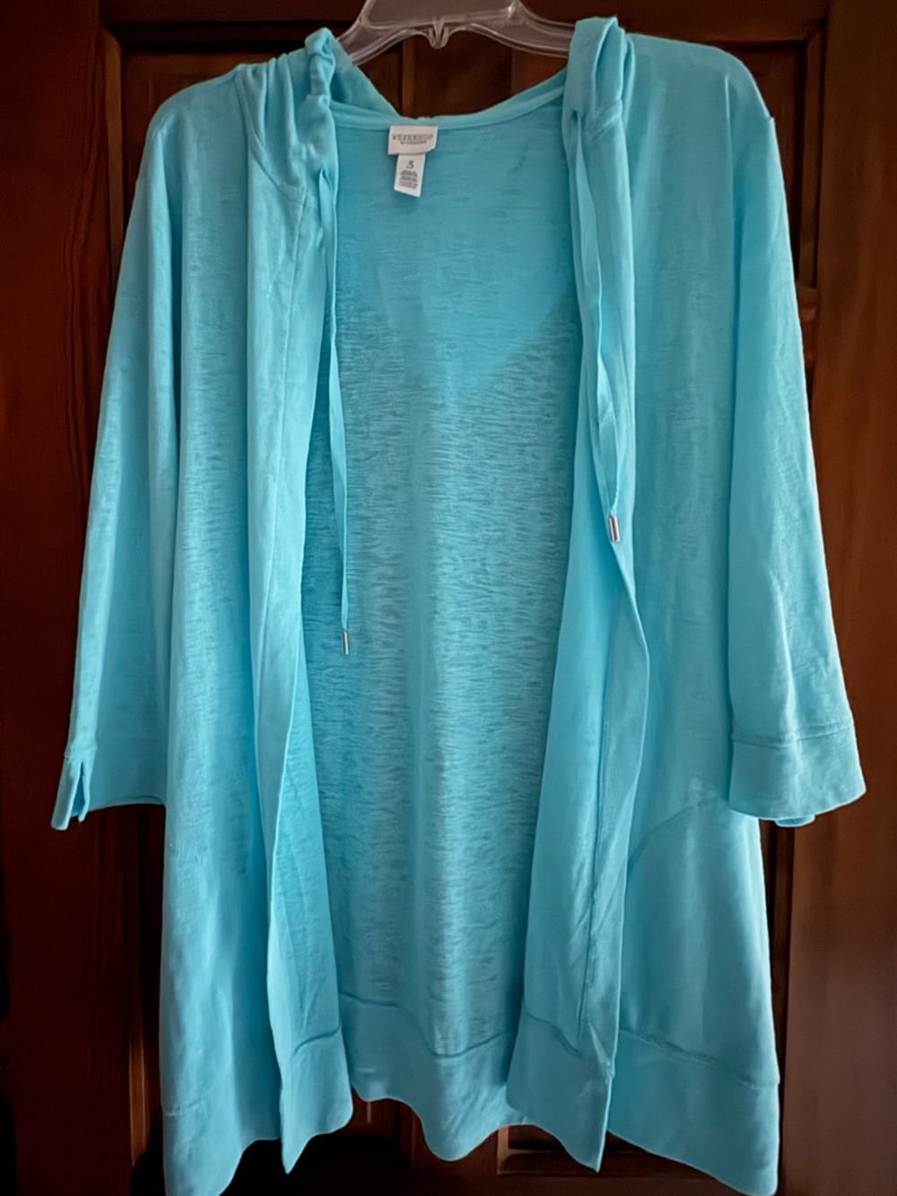 Like new! Chicos Lightweight Aqua Hooded Open Cardigan 3/4 sleeves.